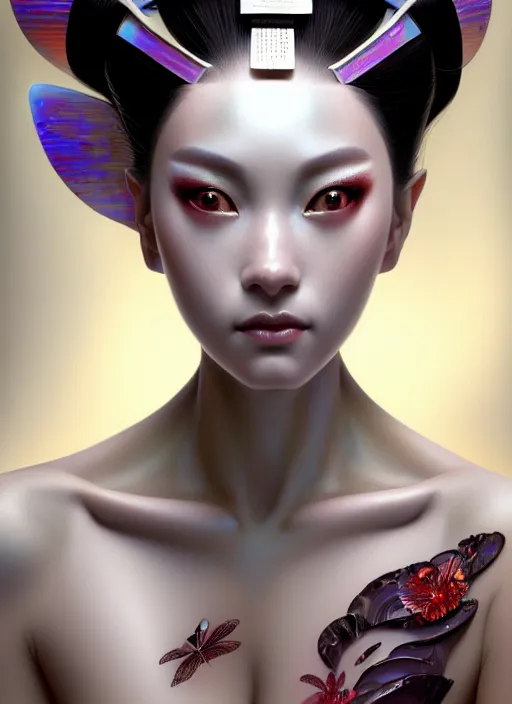 Image similar to organic seductive Geisha cyborg, pearlescent skin, diffuse lighting, fantasy, intricate, elegant, highly detailed, lifelike, photorealistic, digital painting, artstation, illustration, concept art, different full body view, smooth, sharp focus, art by John Collier and Albert Aublet and Leonardo da vinci and Krenz Cushart and Artem Demura and Alphonse Mucha