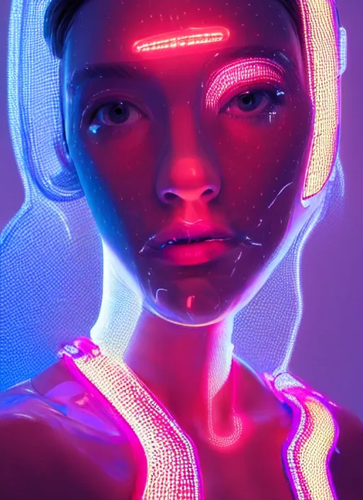 Image similar to a beautiful female humanoid with freckles cheeks, long eyelashes, cyber neon lighting, futurism, intricate futuristic jewelry, futuristic glossy latex suit, transparent plastic sleeveless vest, profile posing, hyper photorealistic, crispy quality, digital photography, trending in artstation, trending in pinterest, cinematic, 4 k ultra hd, art by pascal blanche, art by greg rutkowski,