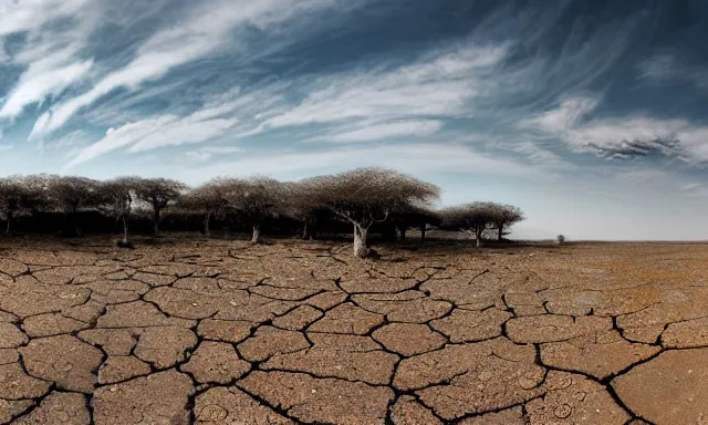 Image similar to beautiful panorama of many magnificent big upside-down raindrops in a perfect cloudless blue sky above a dried up river, desolate land, dead trees, blue sky, hot and sunny highly-detailed, elegant, dramatic lighting, artstation, 4k, cinematic landscape, masterpiece photograph by Elisabeth Gadd, Zdzislaw Beksinski, National Geographic