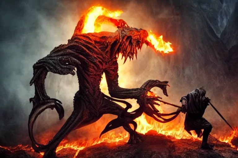 Image similar to movie still, balrog fighting gandalf at the bridge of khazad - dum, style of h. r. giger, fiery, dark, realistic movie still, cinematic, cgi,