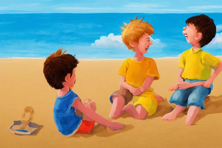 Image similar to Two happy children sitting on the beach making sandcastles, blue sky, HD, artstation, illustration by Benji Davies