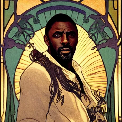 Image similar to idris elba portrait by louis - theophile hingre and alphonse mucha, realistic, sharp focus, zodiac signs, tarot cards, planets, ethereal, art nouveau, magic, moon, sun, crown, dreamy, royal, jewellery