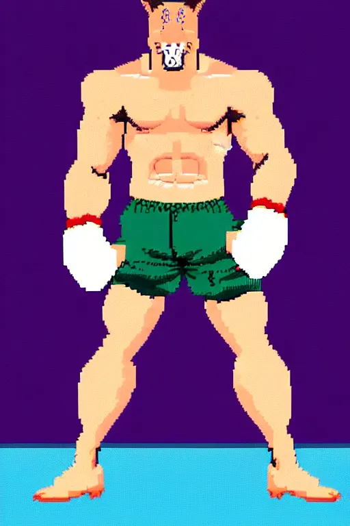 Prompt: full body shot antropomorphic muscular masculine wolf. kickboxer, in sport pants. wolf head. furr on body. 8 bit nes graphics. retrowave futuristic 8 0's