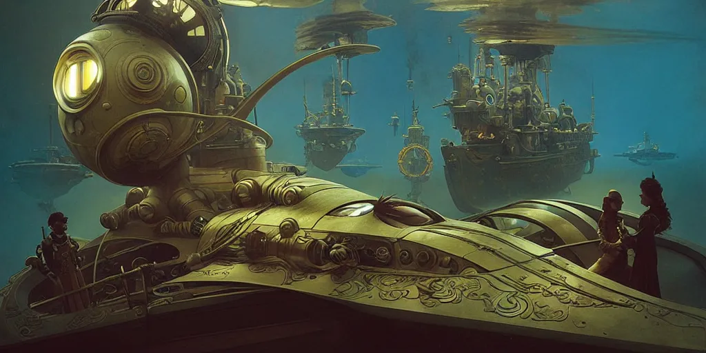 Image similar to Captain Nemo in his submarine, steampunk, octane renderer, 8K, sparsely lit, art by artgerm and greg rutkowski and alphonse mucha