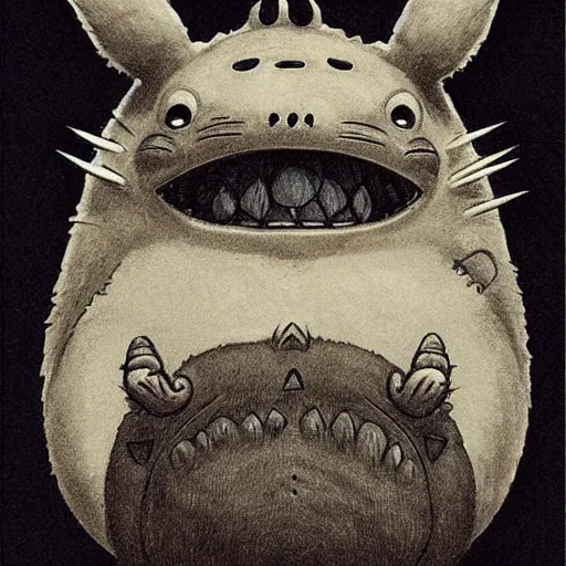 Image similar to front view of a demonic totoro with compound eyes, symmetrical, by jean - baptiste monge!!!!!!!!!!!!!!!!!!!!!!!!!!!