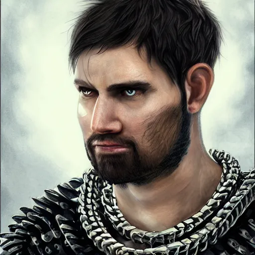 Image similar to realistic portrait, 30 year old man, spanish :: athletic, angered, short black hair :: chain mail, hauberk :: high detail, digital art, RPG, concept art, illustration