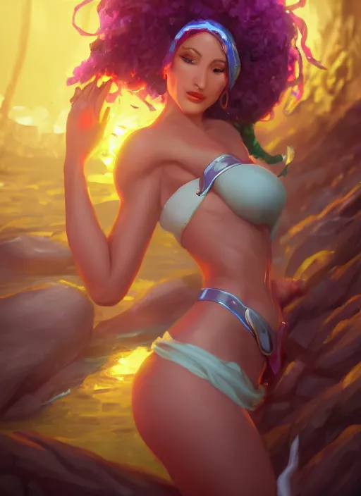 Image similar to qiyana, from league of legends, au naturel, washing in the river, hyper detailed, digital art, trending in artstation, cinematic lighting, studio quality, smooth render, unreal engine 5 rendered, octane rendered, art style by klimt and nixeu and ian sprigger and wlop and krenz cushart