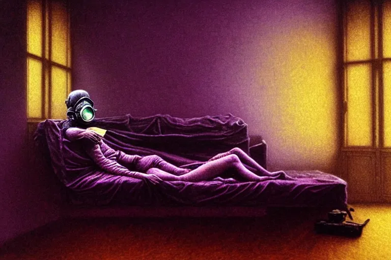 Image similar to girl with wearing a gas mask lying on the sofa reading a book in her room, in the style of beksinski, intricate and epic composition, purple by caravaggio, insanely quality, highly detailed, masterpiece, purple light, artstation, 4 k