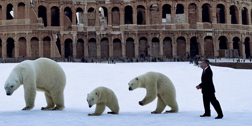 Prompt: Bill Gates is a face-uncovered gladiator and fights against a polar bear in the Colosseum. Film scene. Dramatic.