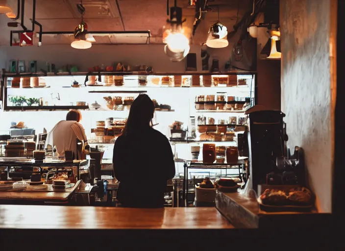 Image similar to a 3 5 mm photo of a person behind the counter of a cafe in the morning, bokeh, canon 5 0 mm, cinematic lighting, film, photography, golden hour, depth of field, award - winning