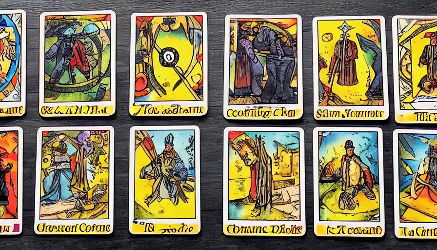 Prompt: a set of Counter Strike tarot cards laid out on a table