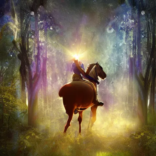 Image similar to arrows struck astronaut riding a horse in a fantasy forest, landscape, morning ambience, cinematic, digital art, front lit, epic, cinematic