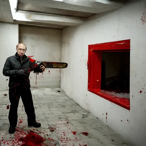 Image similar to putin with a chainsaw and a corpse. in a concrete room, looks like a bunker. focus on putins face with blood splatters. canon eos r 3, f / 1. 4, iso 8 0 0, 1 / 1 6 0 s, 8 k, raw.