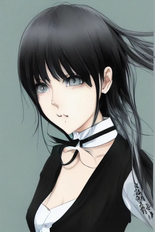 Prompt: portrait of a beautiful girl with black hair; wearing black choker and white shirt; drawn by WLOP, by Avetetsuya Studios, attractive character, colored sketch anime manga panel