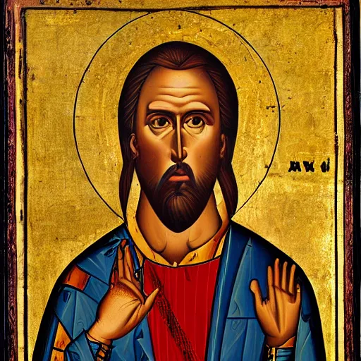 Image similar to A detailed portrait Nicolas Cage, 7th century byzantine iconography, historical