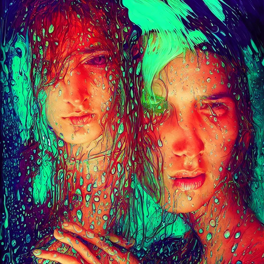 Image similar to bright asthetic portrait of LSD in rain with wet hair and face, liquid, fantasy, intricate, elegant, dramatic lighting, highly detailed, lifelike, photorealistic, digital painting, artstation, illustration, concept art, smooth, sharp focus, art by John Collier and Albert Aublet and Krenz Cushart and Artem Demura and Alphonse Mucha