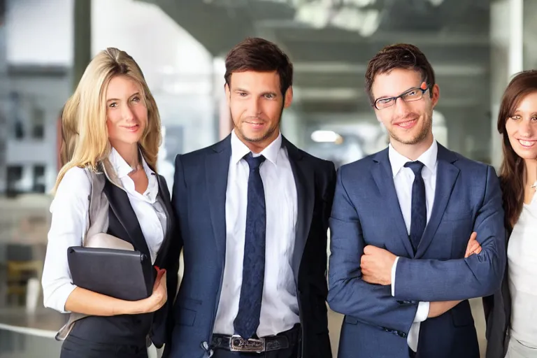 Prompt: photo of a businesswoman with two boyfriends