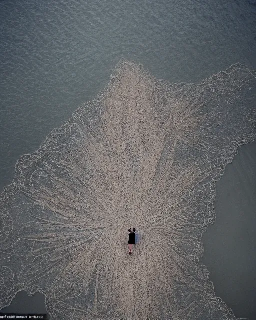 Image similar to a woman standing on a beach, made of intricate decorative lace leaf skeleton, shot from a drone, in the style of the dutch masters and gregory crewdson, dark and moody