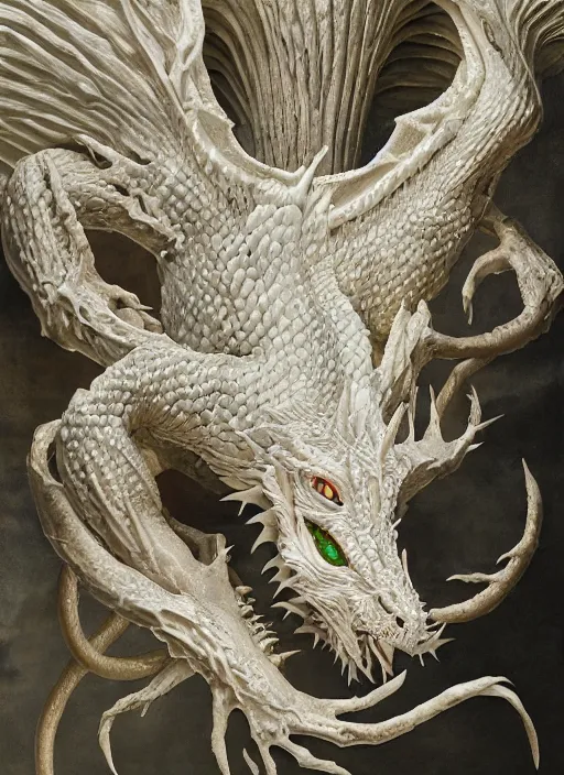 Prompt: portrait of a white dragon with translucent skin, visible muscles and veins and arteries and bones and spines and nerves, beautiful detailed intricate insanely detailed octane render, 8k artistic photography, photorealistic, chiaroscuro, by David Cronenberg, Raphael, Caravaggio