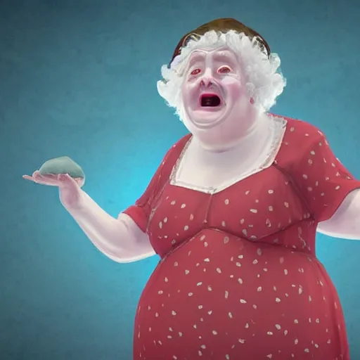 Prompt: of a very funny 3 d cinematic scene. a sweet fat old woman is in love with her self. flowery dress. symmetrical face, red mouth, blue eyes. a flowery dress. deep focus, lovely scene. ambient occlusion render. unreal engine. pencil and ink. goya painting style.