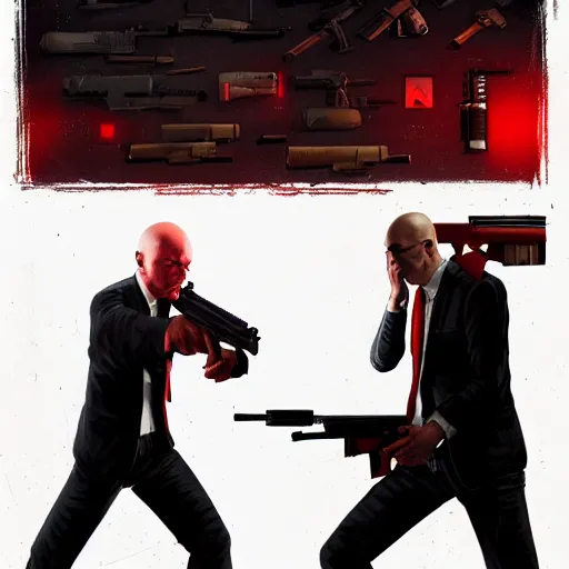 Prompt: an expressive portrait of agent 4 7 from hitman choosing a weapon from a wall full of guns, dark background, red rim light, highly detailed, digital art, artstation, concept art by giger stalenhag