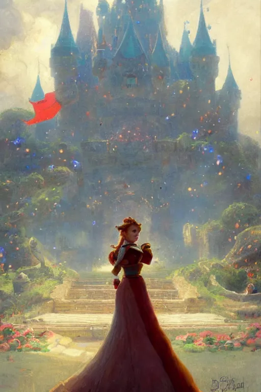 Prompt: a portrait of super mario in front of peach's castle, by gaston bussiere, by mandy jurgens and bayard wu and greg rutkowski, cinematic lightning