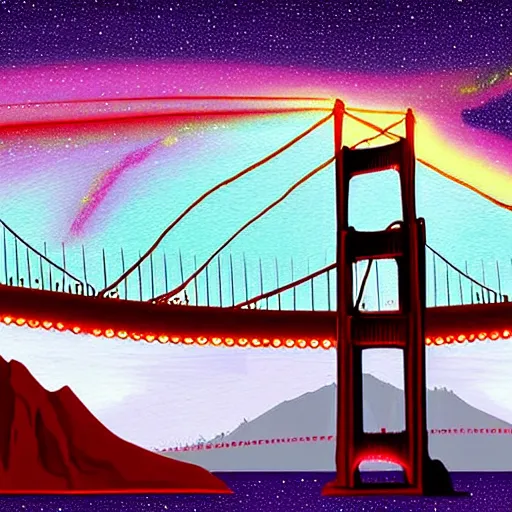 Image similar to WTC Twin Towers with distant Golden Gate Bridge in center, glowing black hole in the night sky in front of the Milky Way, red-hooded magicians casting purple colored spells towards the towers, white glowing souls flying out of the towers to the black hole digital painting in the style of The Lord of the Rings