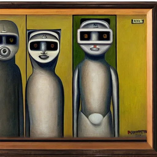 Image similar to three brutalist feline robots portrait, grant wood, pj crook, edward hopper, oil on canvas