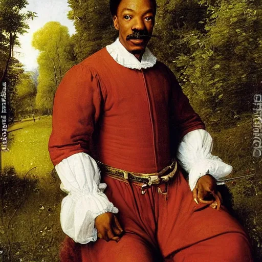 Image similar to renaissance portrait of Eddie Murphy by a meadow in a forest, masterpiece by Eugene de Blaas