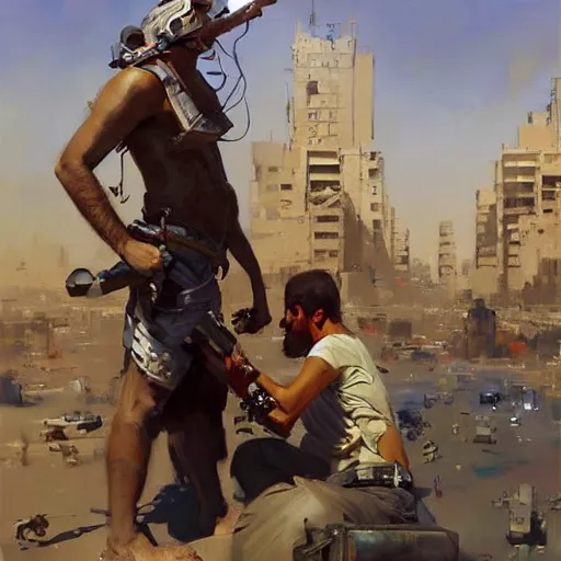 Prompt: greg manchess painting of baghdad in the year 2 0 7 7, painting, cyberpunk style, trending on artstation, by huang guangjian and gil elvgren and sachin teng