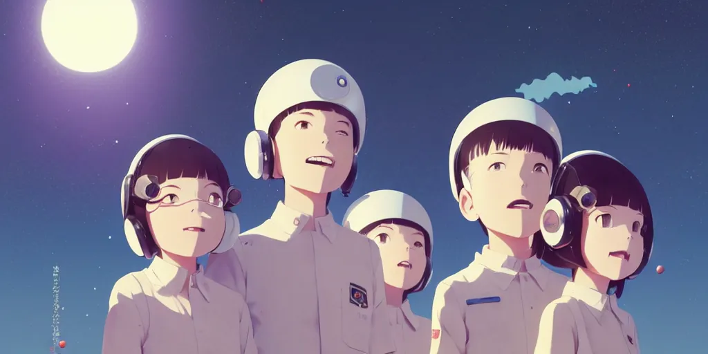 Prompt: 3 d portrait of smiling boy and girl teens with astronaut helmets by ilya kuvshinov, cloudy sky background lush landscape ln illustration concept art anime key visual trending pixiv by victo ngai fanbox by greg rutkowski makoto shinkai takashi takeuchi studio ghibli