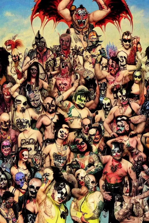 Image similar to gathering of the juggalos in the style of frank frazetta