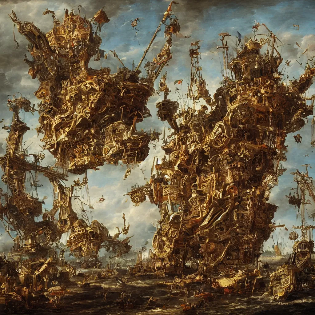 Prompt: art in the style of charles amedee philippe van loo, a space pirate ship junkyard, inhabited by space monsters, intricately detailed