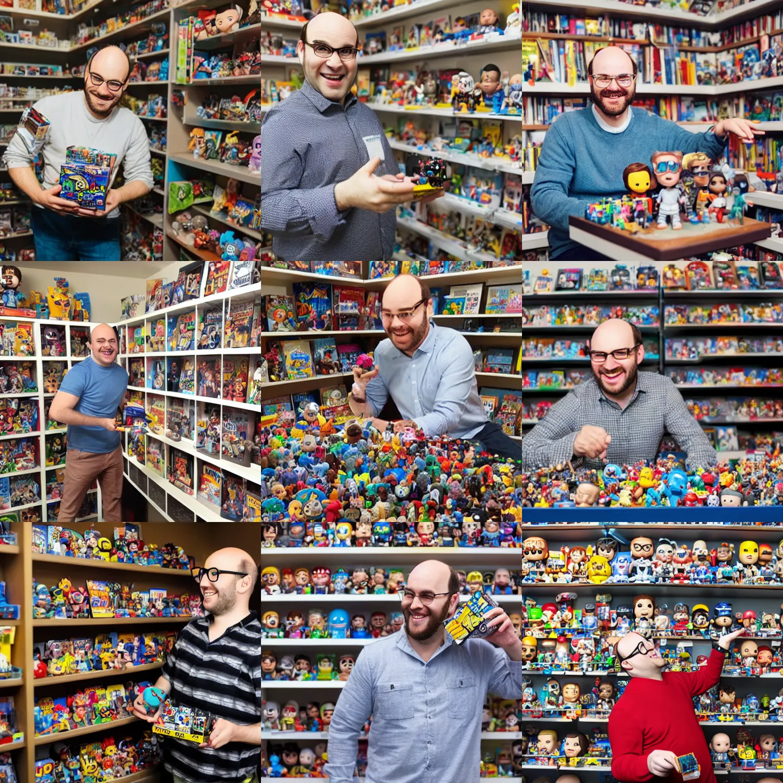 Prompt: a happy nerdy balding guy playing with his collection of funko pop, realistic