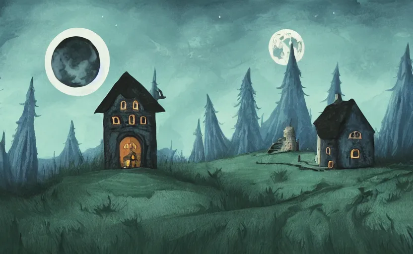 Image similar to a witch's shop on a lonely hill against a giant moon, storybook, gouache, flat, concept art, lush