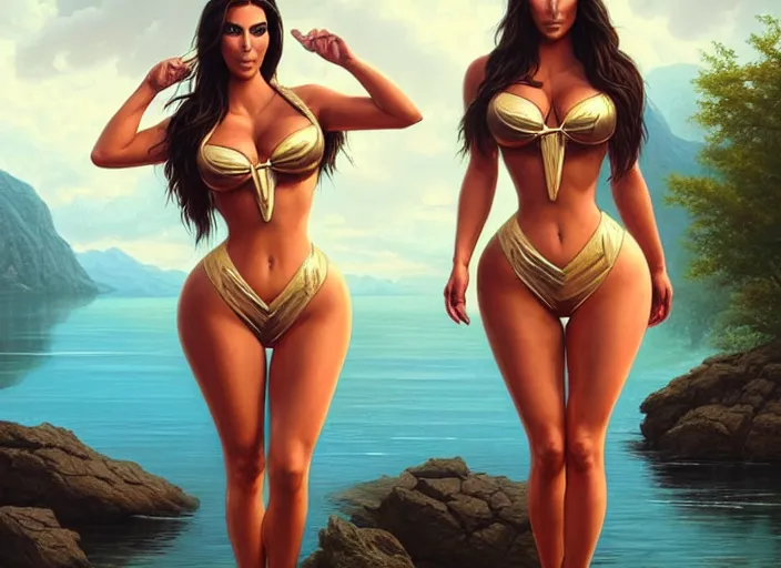 Image similar to candid photo of kim kardashian wearing a hooters outfit, sat by a lake, fantasy, intricate, elegant, highly detailed, digital painting, artstation, concept art, smooth, sharp focus, illustration, art by artgerm and greg rutkowski and alphonse mucha