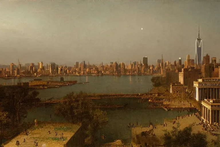 Prompt: downtown new york city, 1 8 0 0 s, rule of thirds, matte painting, highly detailed, cinematic lighting, by albert bierstadt, frederic edwin church