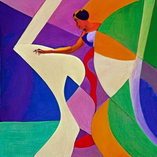 Image similar to woman symmetry dancing through time and space as ferns and spirals unfold before her feet, abstract art in the style of cubism and davinci and georgia o keefe,