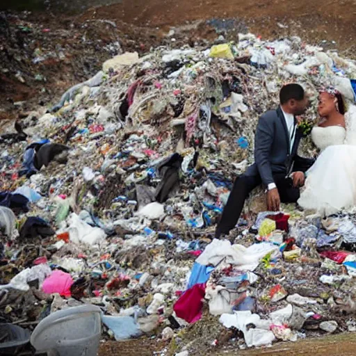 Prompt: a bride and groom with dirty clothes stand in a landfill, wedding photo