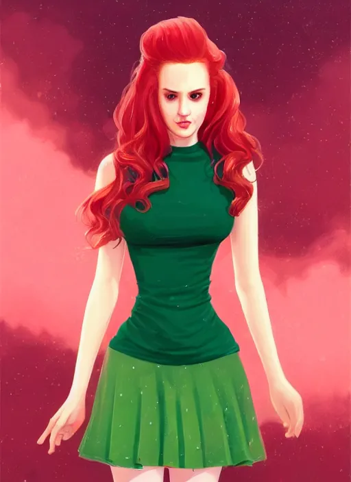 Prompt: full body portrait of teenage cheryl blossom, bangs, green eyes, sultry expression, red hair, sultry smirk, bangs and wavy hair, pink skirt, fat, intricate, elegant, glowing lights, highly detailed, digital painting, artstation, concept art, smooth, sharp focus, illustration, art by wlop, mars ravelo and greg rutkowski