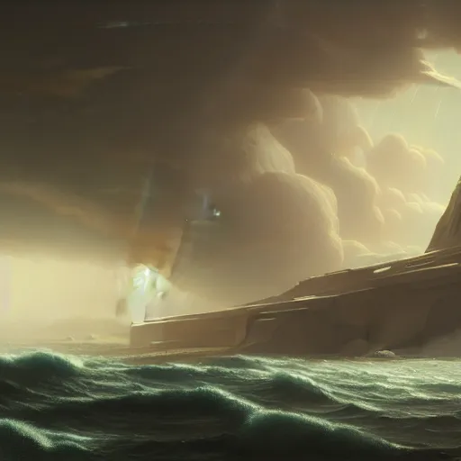 Prompt: a spaceship splashing into a stormy sea, detailed science fiction, digital art, Caspar Friedrich, Greg Rutkowski, trending on artstation, unreal engine