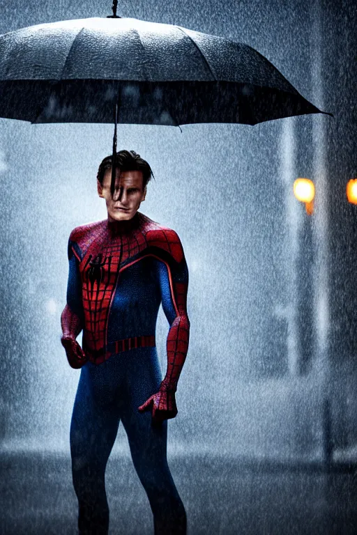 Prompt: cinematic of liam neeson as peter parker in spiderman, dramatic rain, 8 k, moody lighting