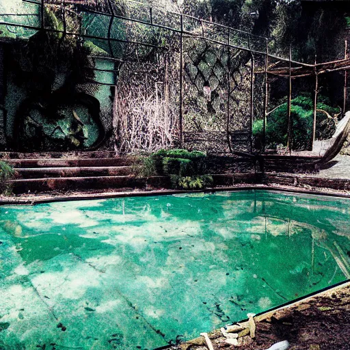 Image similar to the Playboy mansion's grotto abandoned, the pool is drained and covered with algae and weeds growing through cracks, the heat is oppressive. Lomo style.