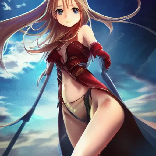 Prompt: a giant macro very beautiful young yuuki asuna, ( full body, long wavy hair, sky blue eyes, full round face, bikini, miniskirt ), standing with tyrion lannister cinematic wallpaper by stanley artgerm lau