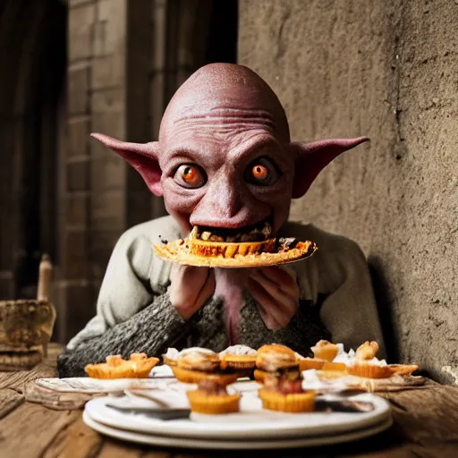 Image similar to closeup portrait of a medieval goblin eating cakes in the cloisters, depth of field, zeiss lens, detailed, symmetrical, centered, fashion photoshoot, by annie leibovitz and steve mccurry, david lazar, jimmy nelsson, breathtaking, 8 k resolution, extremely detailed, beautiful, establishing shot, artistic, hyperrealistic, beautiful face, octane render