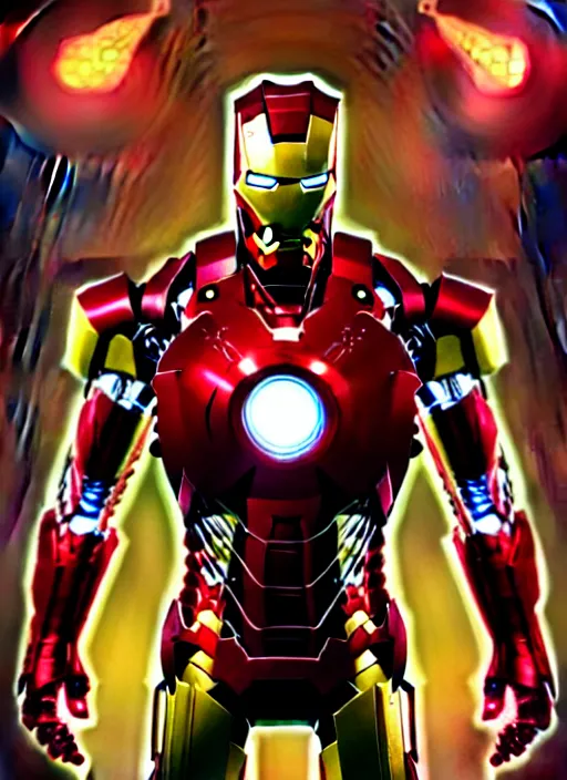 Prompt: iron man, howard lovecraft style, crazy background, digital art, high quality, high detail,