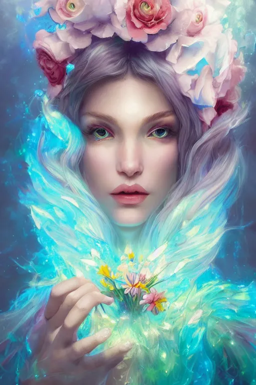 Prompt: face closeup beautiful girl wizard covered with rainbow and ice, holding flowers and casting magic spell, angel, storm and thunder clouds, fantasy, magic the gathering, hyper detailed, 3 d render, hyper realistic detailed portrait, peter mohrbacher