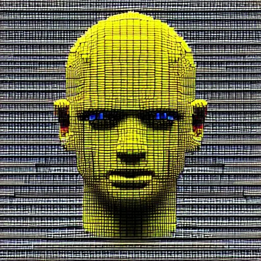 Prompt: a 3/4 view of an android's head made of pixel blocks dispersing into the ether, realistic, 3d render