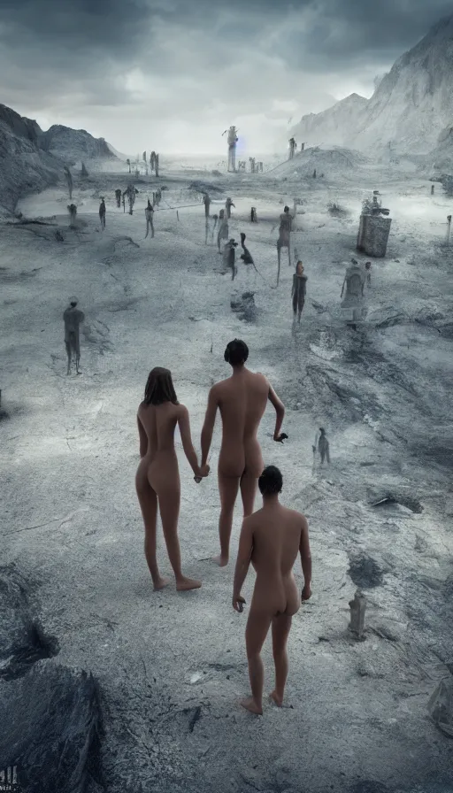 Prompt: a dystopian landscape made of beautiful naturist couples, Octane Render, cinematic