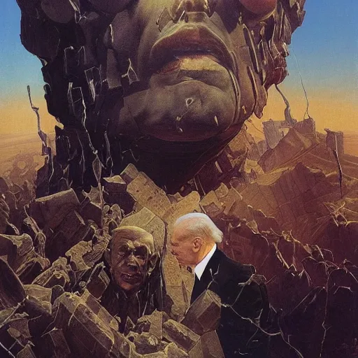 Image similar to portrait of immense, majestic, surreal, terrifying joe!!!! biden!!! crushing the city, perfectly clear face, by j. c. leyendecker, bosch, and beksinski